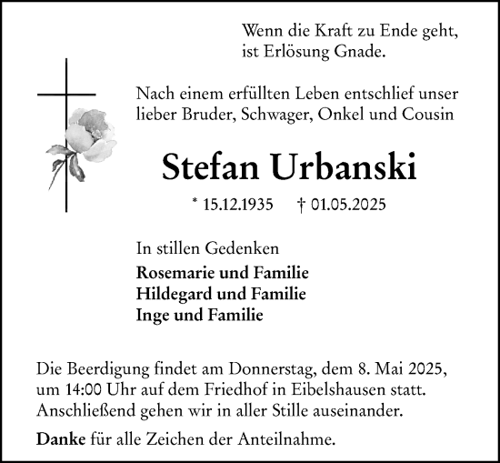 Traueranzeige von Stefan Urbanski von Dill Block