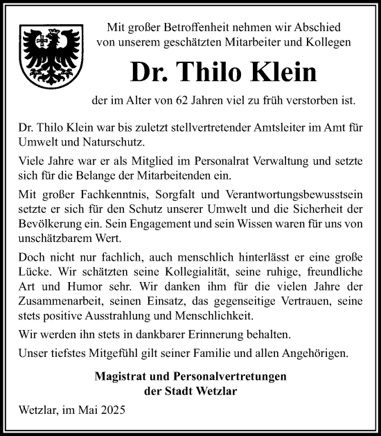 Traueranzeige von Thilo Klein von Wetzlarer Neue Zeitung