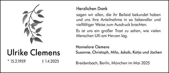Traueranzeige von Ulli Clemens von Hinterländer Anzeiger