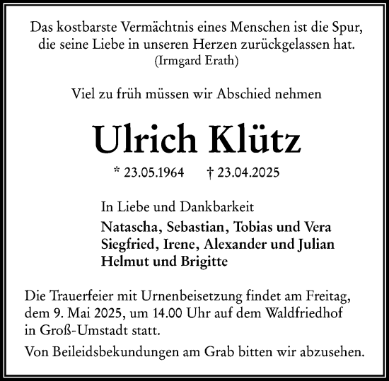 Traueranzeige von Ulrich Klütz von Darmstädter Echo