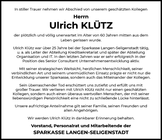 Traueranzeige von Ulrich Klütz von Darmstädter Echo