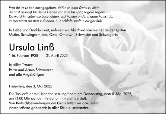 Traueranzeige von Ursula Linß von Weilburger Tageblatt