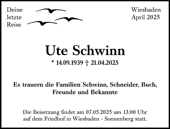 Traueranzeige von Ute Schwinn von Wiesbadener Kurier