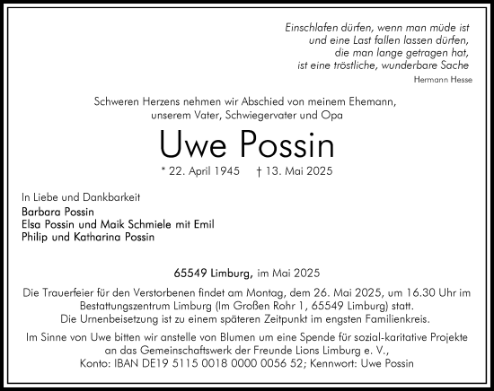 Traueranzeige von Uwe Possin von Nassauische Neue Presse