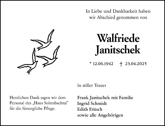 Traueranzeige von Walfriede Janitschek von Wetzlarer Neue Zeitung