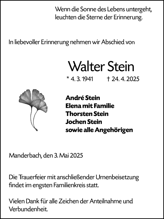 Traueranzeige von Walter Stein von Dill Block