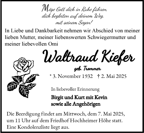 Traueranzeige von Waltraud Kiefer von Wormser Zeitung