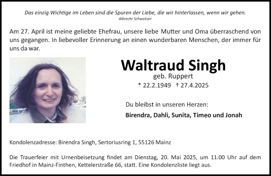 Traueranzeige von Waltraud Singh von Allgemeine Zeitung Mainz