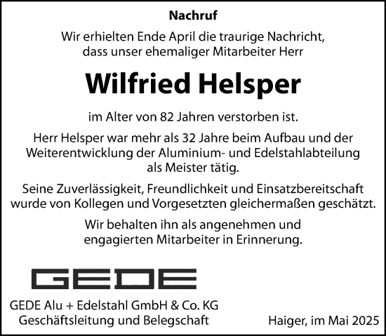 Traueranzeige von Wilfried Helsper von Dill Block