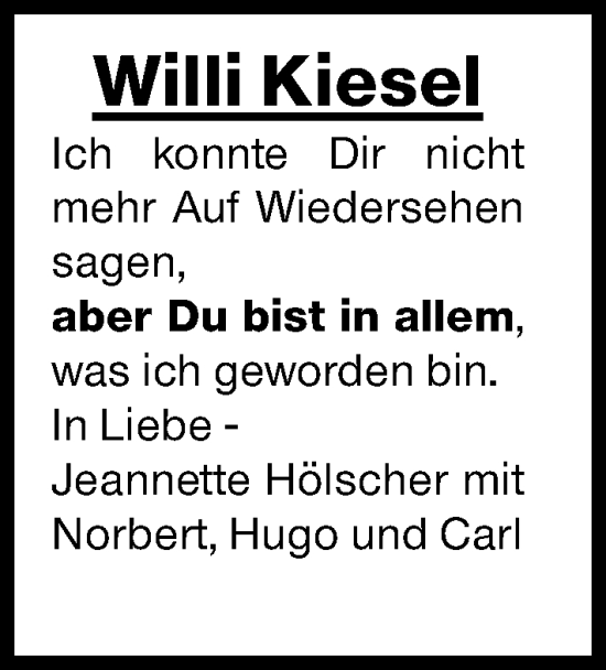 Traueranzeige von Willi Kiesel von Darmstädter Echo