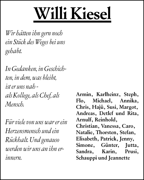 Traueranzeige von Willi Kiesel von Darmstädter Echo