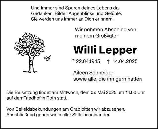 Traueranzeige von Willi Lepper von Dill Block