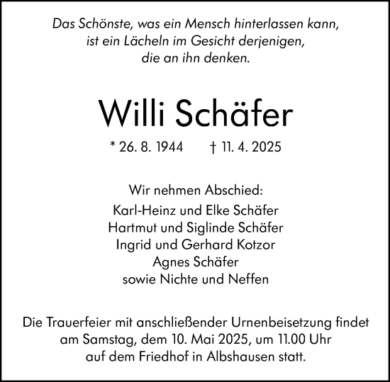 Traueranzeige von Willi Schäfer von Wetzlarer Neue Zeitung