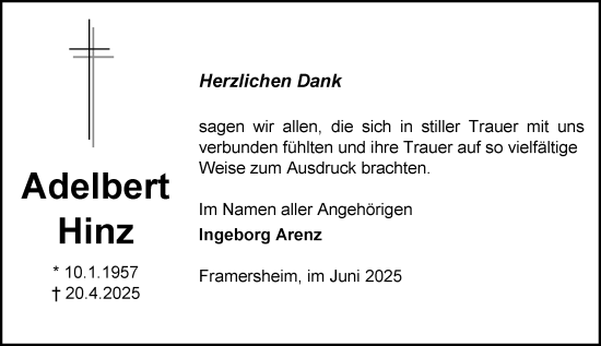 Traueranzeige von Adelbert Hinz von Allgemeine Zeitung Alzey