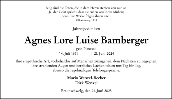 Traueranzeige von Agnes Lore Luise Bamberger von Hinterländer Anzeiger