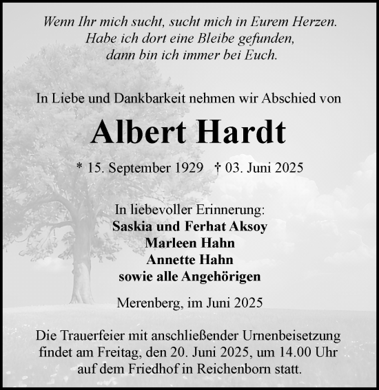 Traueranzeige von Albert Hardt von Weilburger Tageblatt