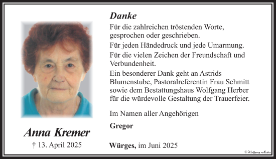 Traueranzeige von Anna Kremer von Camberger Anzeiger