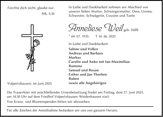 Traueranzeige von Anneliese Weil von Wetzlarer Neue Zeitung