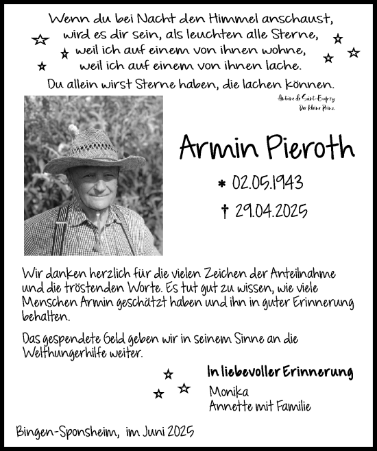 Traueranzeige von Armin Pieroth von Binger-/Ingelheimer Wochenblatt