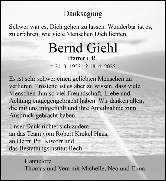 Traueranzeige von Bernd Giehl von Wiesbadener Kurier