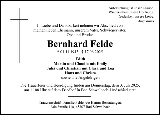 Traueranzeige von Bernhard Felde von Wiesbadener Kurier
