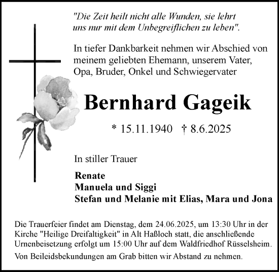 Traueranzeige von Bernhard Gageik von Rüsselsheimer Echo