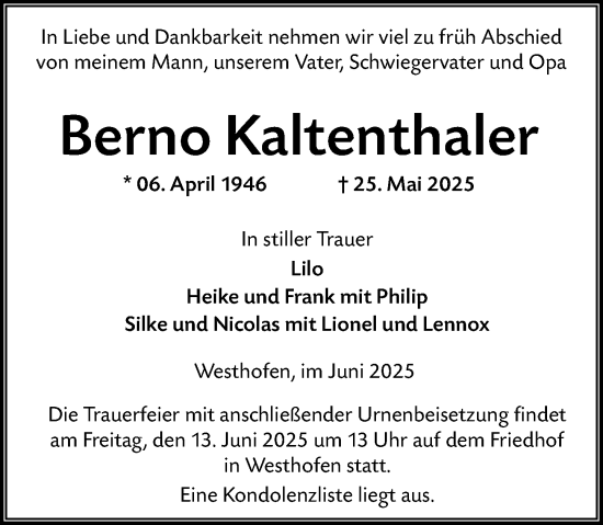 Traueranzeige von Berno Kaltenthaler von Wormser Zeitung