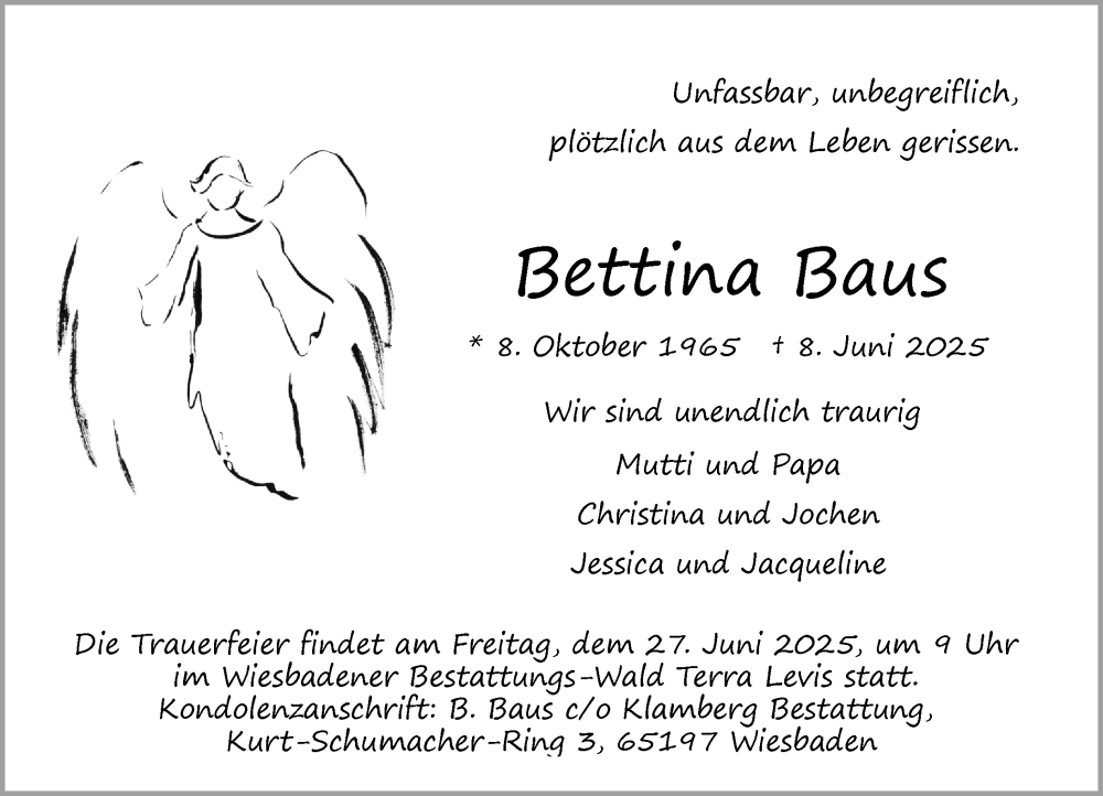 Traueranzeige für Bettina Baus vom 21.06.2025 aus Wiesbadener Kurier