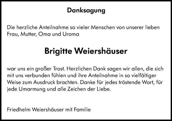 Traueranzeige von Brigitte Weiershäuser von Hinterländer Anzeiger