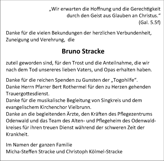 Traueranzeige von Bruno Stracke von Odenwälder Echo