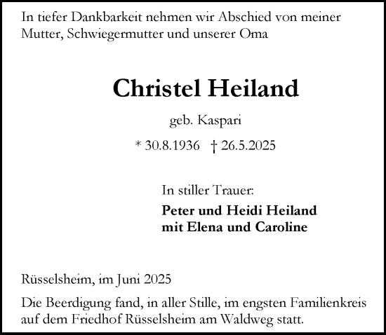 Traueranzeige von Christel Heiland von Rüsselsheimer Echo