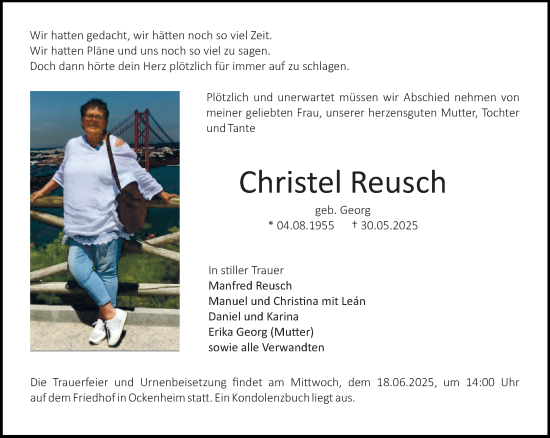 Traueranzeige von Christel Reusch von Allgemeine Zeitung Mainz