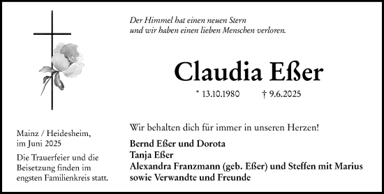 Traueranzeige von Claudia Eßer von Allgemeine Zeitung Mainz