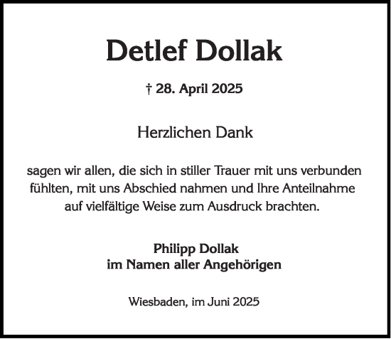 Traueranzeige von Detlef Dollak von Wiesbadener Kurier
