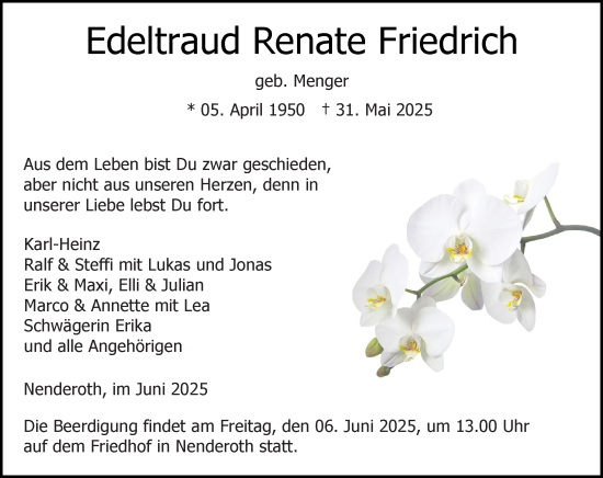 Traueranzeige von Edeltraud Renate Friedrich von Weilburger Tageblatt