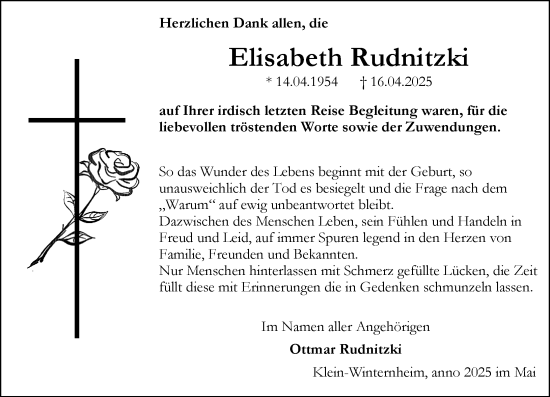 Traueranzeige von Elisabeth Rudnitzki von Allgemeine Zeitung Mainz
