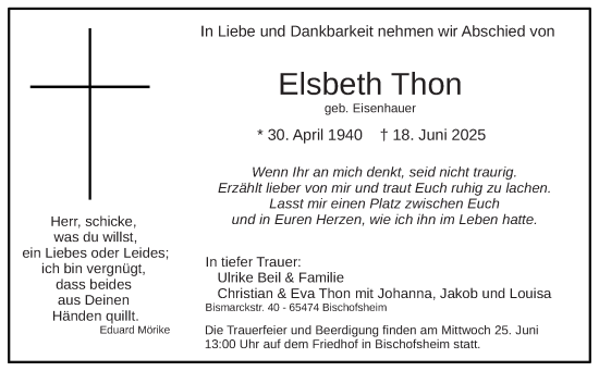 Traueranzeige von Elsbeth Thon von Rüsselsheimer Echo