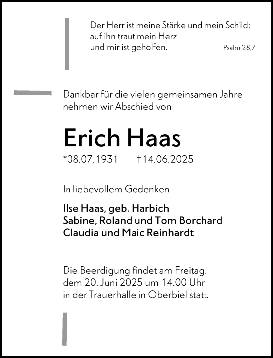 Traueranzeige von Erich Haas von Wetzlarer Neue Zeitung