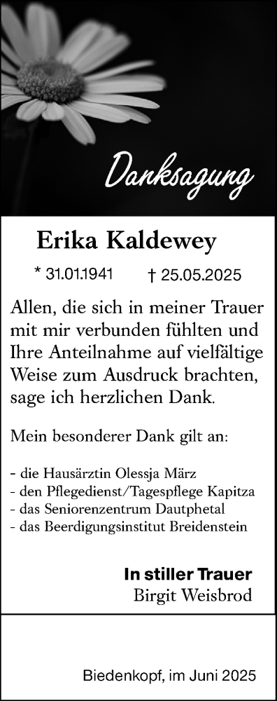 Traueranzeige von Erika Kaldewey von Hinterländer Anzeiger