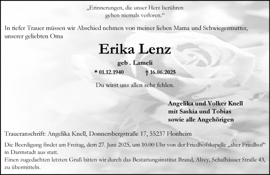 Traueranzeige von Erika Lenz von Allgemeine Zeitung Alzey
