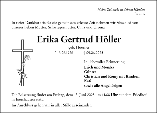 Traueranzeige von Erika Gertrud Höller von Dill Block