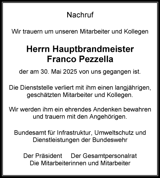 Traueranzeige von Franco Pezzella von Dill Block