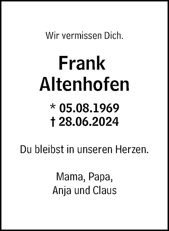 Traueranzeige von Frank Altenhofen von Wiesbadener Kurier