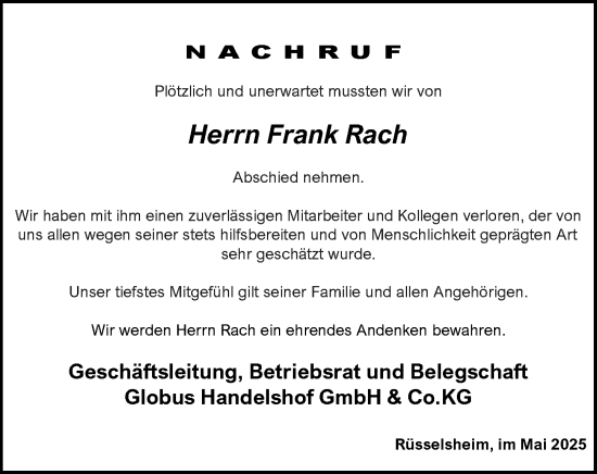 Traueranzeige von Frank Rach von Rüsselsheimer Echo