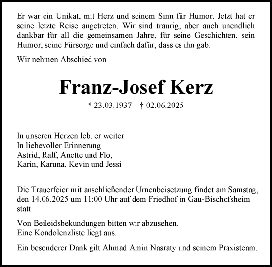 Traueranzeige von Franz-Josef Kerz von Allgemeine Zeitung Mainz