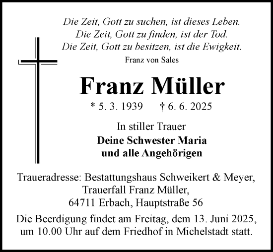 Traueranzeige von Franz Müller von Odenwälder Echo