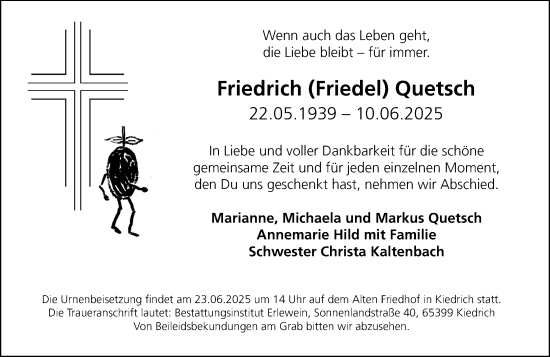 Traueranzeige von Friedrich Quetsch von Rheingau Kurier