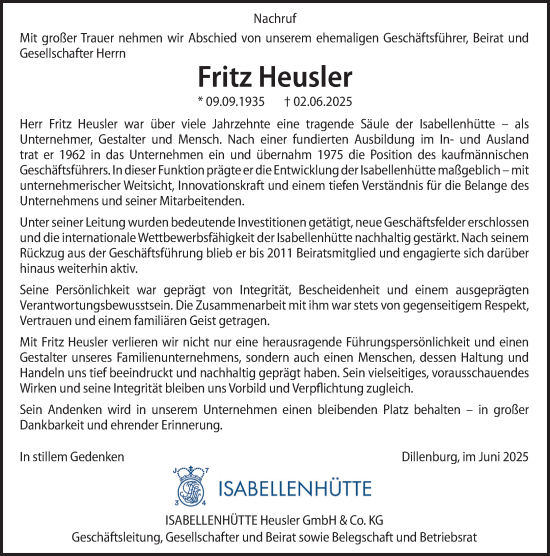 Traueranzeige von Fritz Heusler von Dill Block
