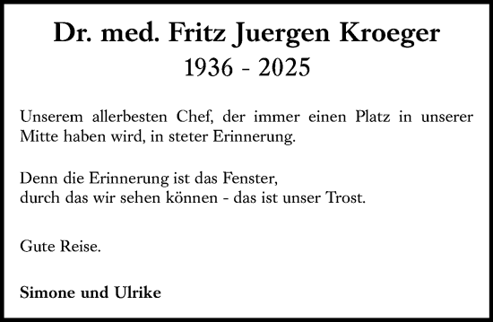 Traueranzeige von Fritz Juergen Kroeger von Allgemeine Zeitung Mainz