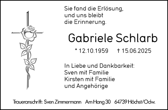 Traueranzeige von Gabriele Schlarb von Odenwälder Echo